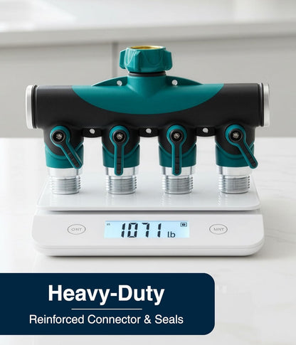 ® 4 Way Hose Splitter (Superior Durability), Premium Garden Hoses Connector, 4 Way Heavy Duty Water Valve for Spigot Faucet Bib, Four Outlet with On Off Valve, Rust-Resistant Adapter, Green
