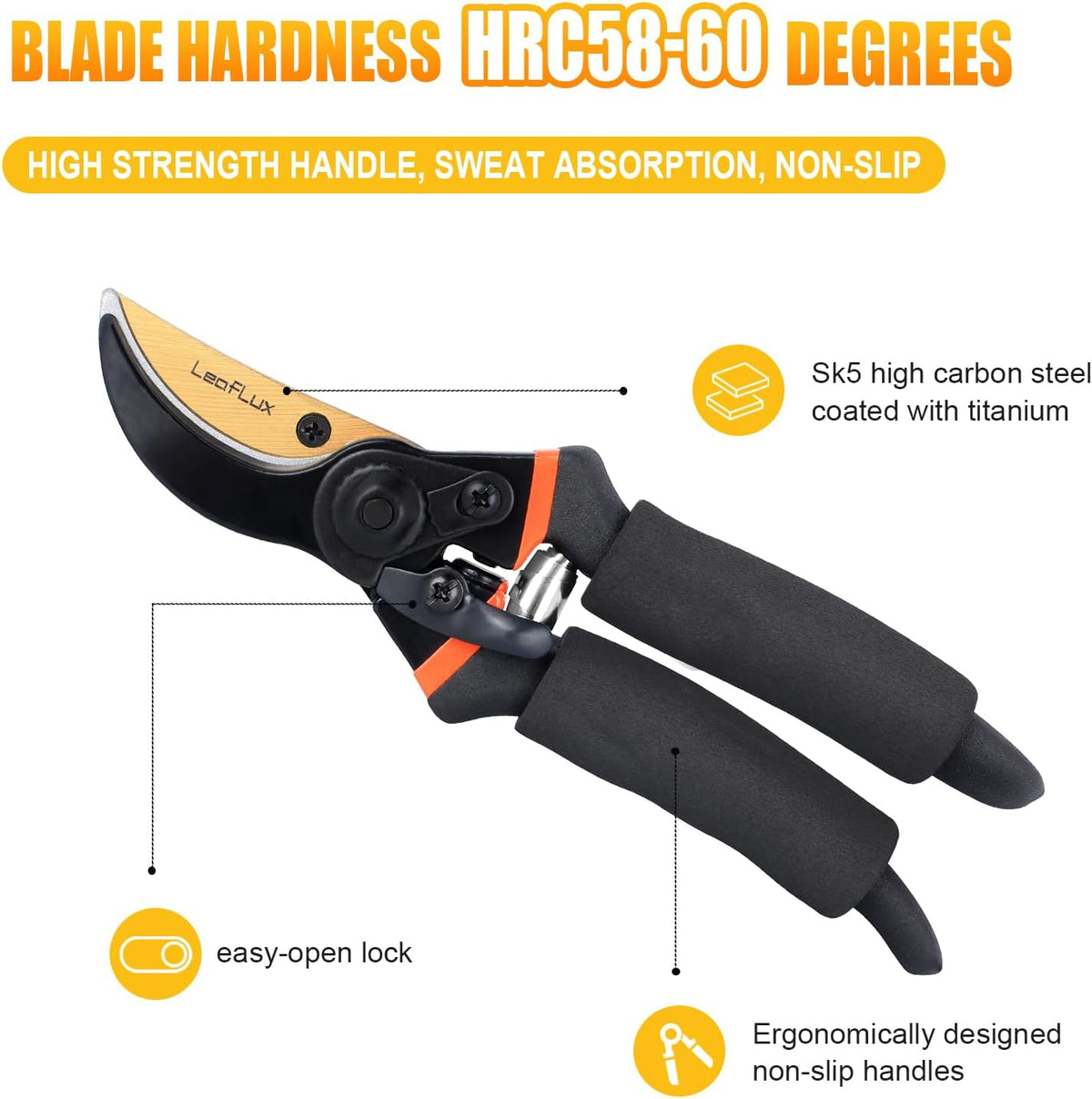 Pruning Shears, Professional SK5 Quality Durable Titanium Plated Rust-Proof Bypass Pruning Shears with Soft Cushion Grip Handle, Hand Pruners, Clippers for Gardening, 8 Inch, LFXP1003B