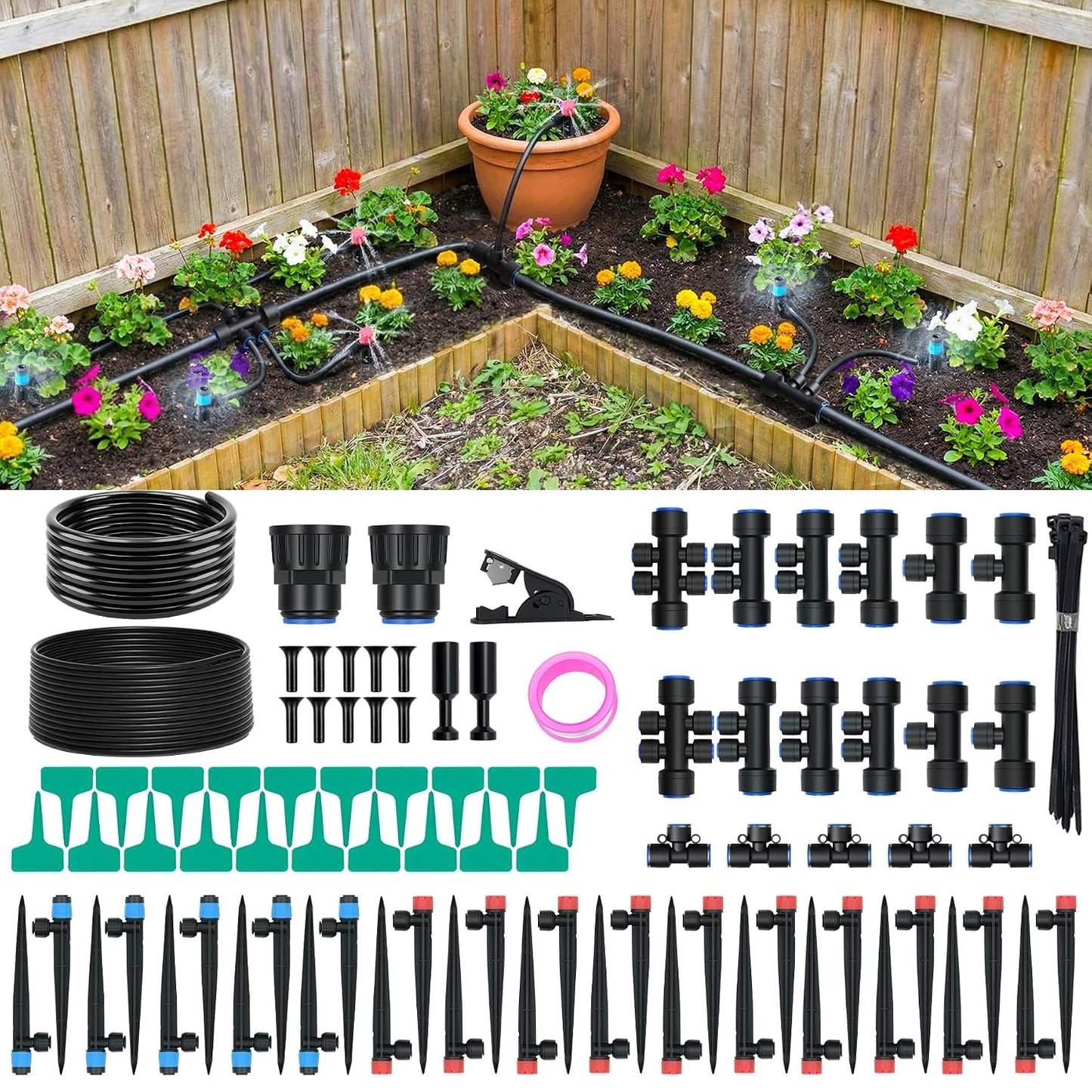 100FT Drip Irrigation Kit, 30 Adjustable Emitters, Quick Connect System