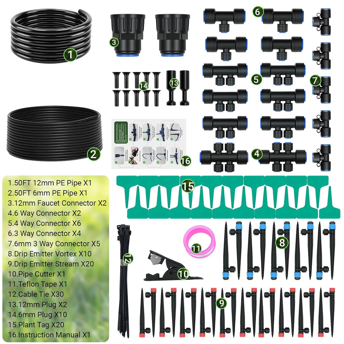 100FT Drip Irrigation Kit, 30 Adjustable Emitters, Quick Connect System