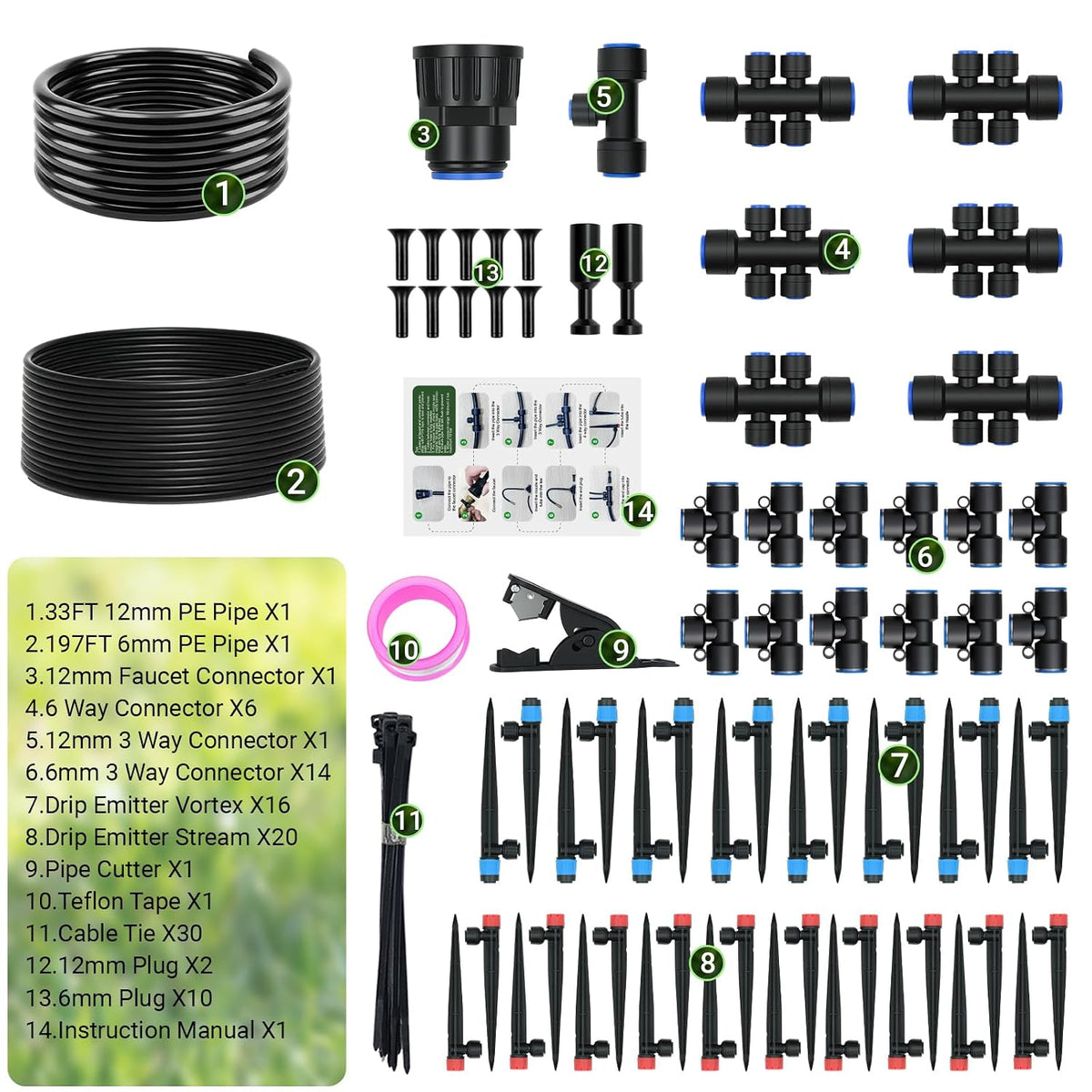100FT Drip Irrigation Kit, 30 Adjustable Emitters, Quick Connect System