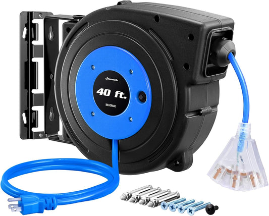 40FT Retractable Extension Cord Reel, 12AWG, 15A, UL Listed, Blue