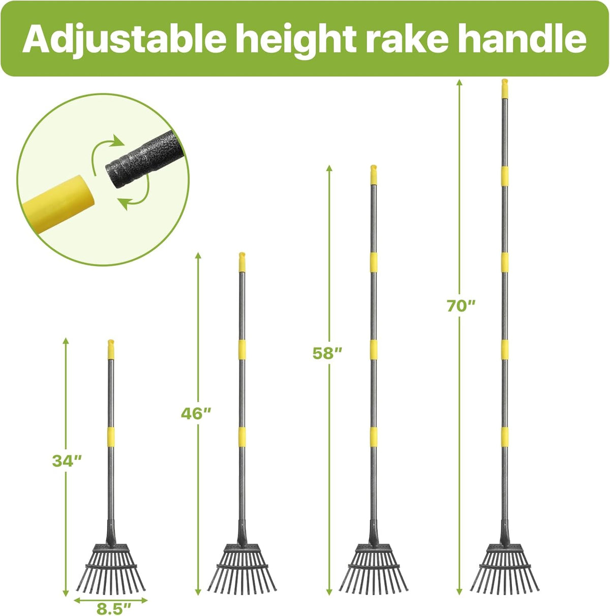 Rake for Leaves, Small Leaf Rake for Garden, 70-inch Adjustable Metal Rakes-Tool with 11 Steel Tines for Gardening, Yard, Shrub, Flower Beds, Lawns