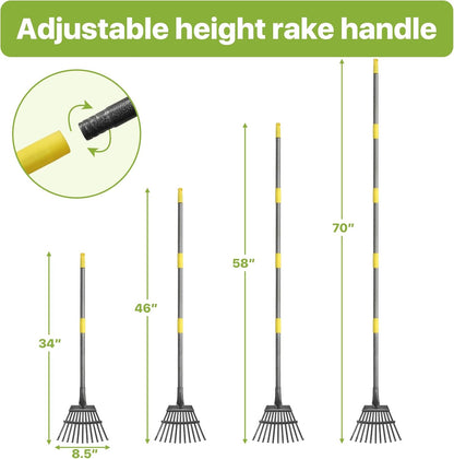 Rake for Leaves, Small Leaf Rake for Garden, 70-inch Adjustable Metal Rakes-Tool with 11 Steel Tines for Gardening, Yard, Shrub, Flower Beds, Lawns
