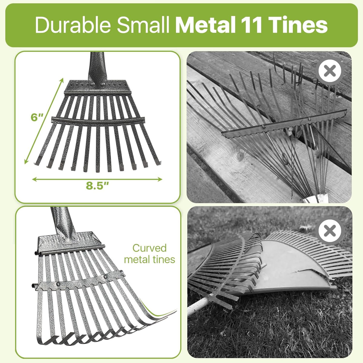 Rake for Leaves, Small Leaf Rake for Garden, 70-inch Adjustable Metal Rakes-Tool with 11 Steel Tines for Gardening, Yard, Shrub, Flower Beds, Lawns