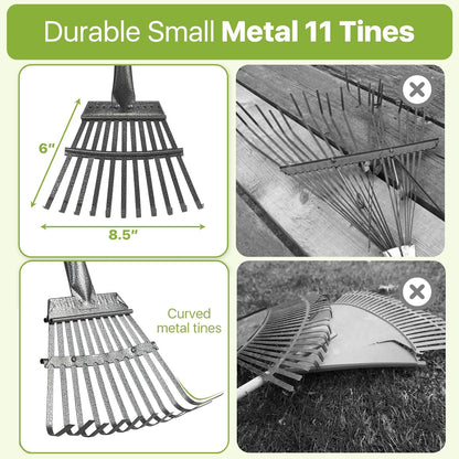 Rake for Leaves, Small Leaf Rake for Garden, 70-inch Adjustable Metal Rakes-Tool with 11 Steel Tines for Gardening, Yard, Shrub, Flower Beds, Lawns
