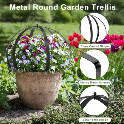 Metal Circle Trellis, Garden Sculpture Globe Topiary for Climbing Plants Outdoor Potted Round Planter Trellis Black Décor Garden Ornament for Patio Doorway Home Urn Filler-18.5"x14.96", 2Pack
