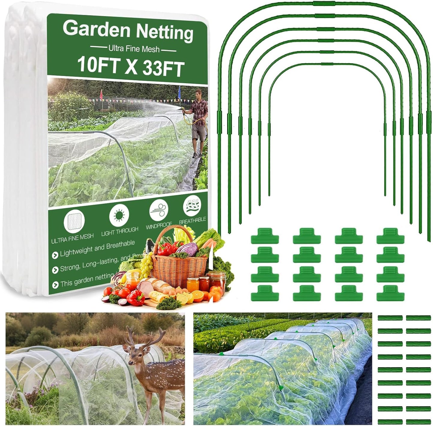 Garden Mesh Netting Kit, 10 * 33ft Ultra Fine Netting with 6pcs Garden Hoops for Raised Beds, Plants Cover Net for Vegetable Fruit, Animals Barrier Protection Greenhouse Row Cover