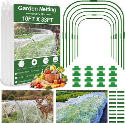 Garden Mesh Netting Kit, 10 * 33ft Ultra Fine Netting with 6pcs Garden Hoops for Raised Beds, Plants Cover Net for Vegetable Fruit, Animals Barrier Protection Greenhouse Row Cover