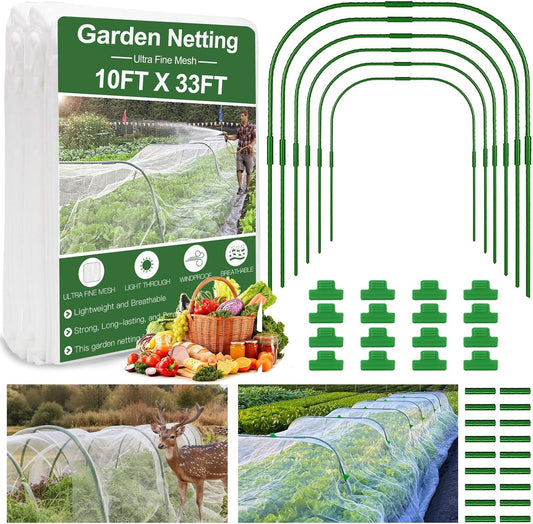 Garden Mesh Netting Kit, 10 * 33ft Ultra Fine Netting with 6pcs Garden Hoops for Raised Beds, Plants Cover Net for Vegetable Fruit, Animals Barrier Protection Greenhouse Row Cover