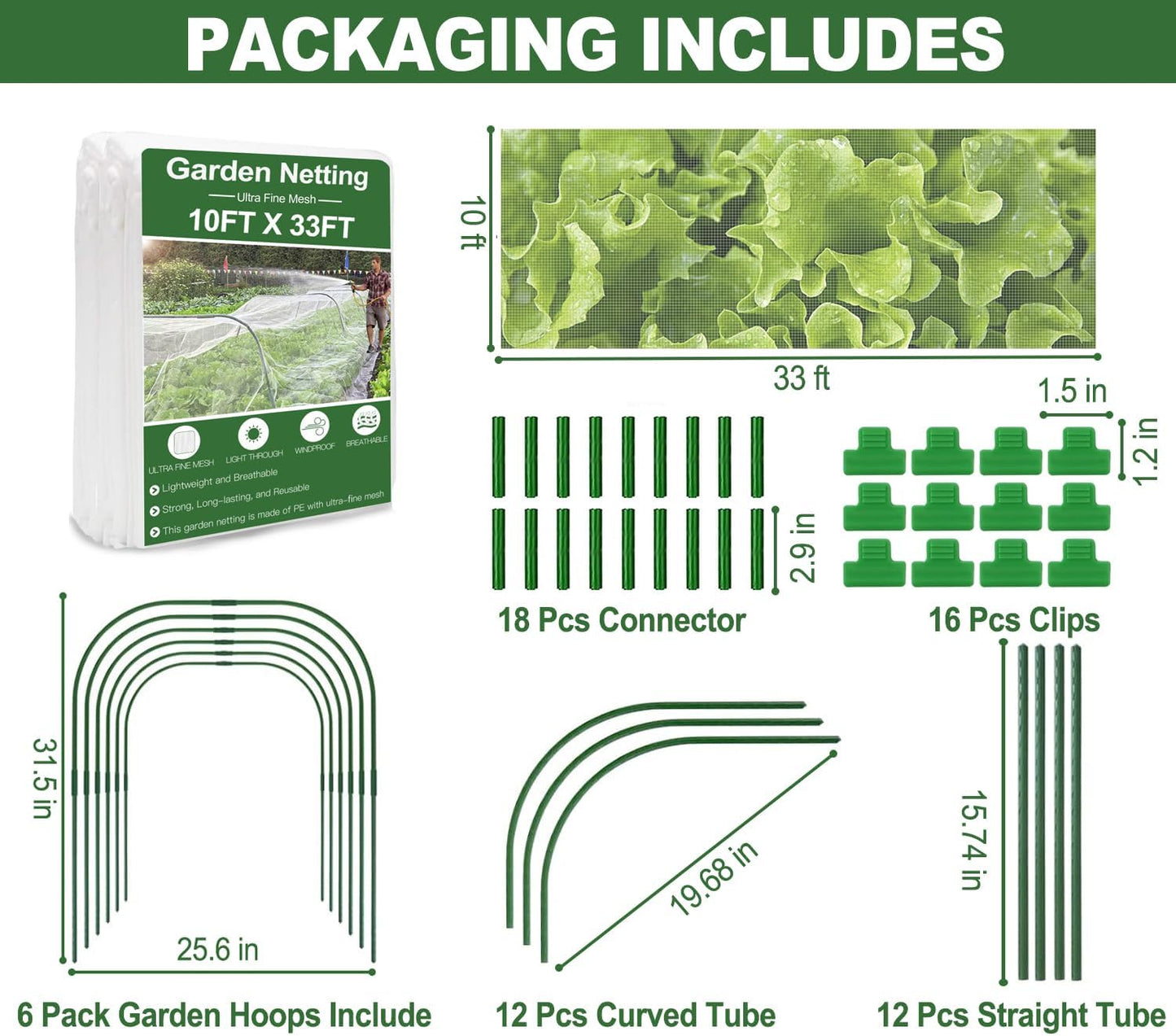 Garden Mesh Netting Kit, 10 * 33ft Ultra Fine Netting with 6pcs Garden Hoops for Raised Beds, Plants Cover Net for Vegetable Fruit, Animals Barrier Protection Greenhouse Row Cover