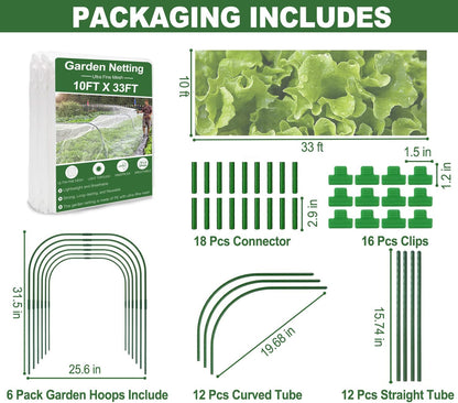 Garden Mesh Netting Kit, 10 * 33ft Ultra Fine Netting with 6pcs Garden Hoops for Raised Beds, Plants Cover Net for Vegetable Fruit, Animals Barrier Protection Greenhouse Row Cover