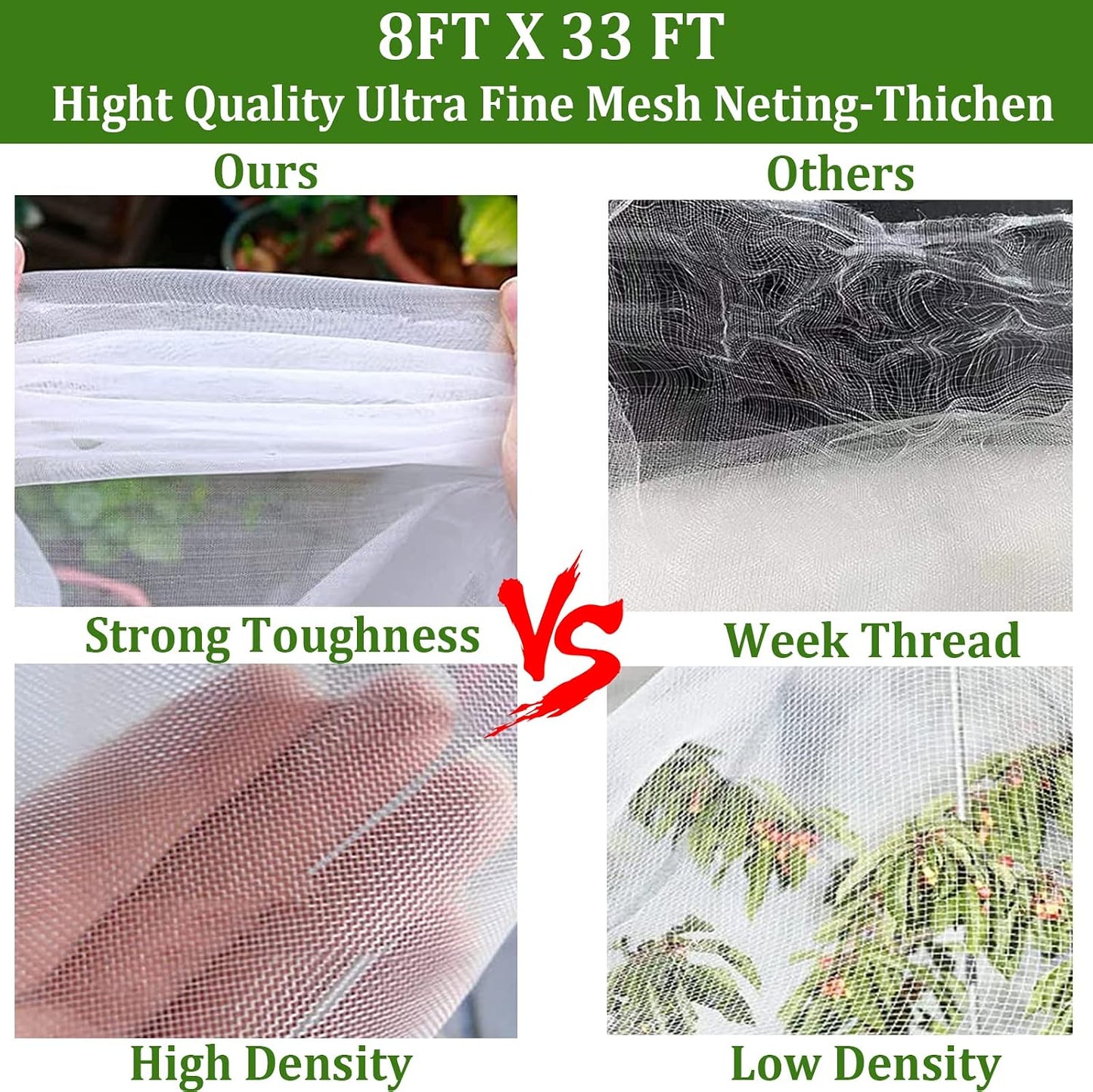 Garden Mesh Netting Kit, 10 * 33ft Ultra Fine Netting with 6pcs Garden Hoops for Raised Beds, Plants Cover Net for Vegetable Fruit, Animals Barrier Protection Greenhouse Row Cover