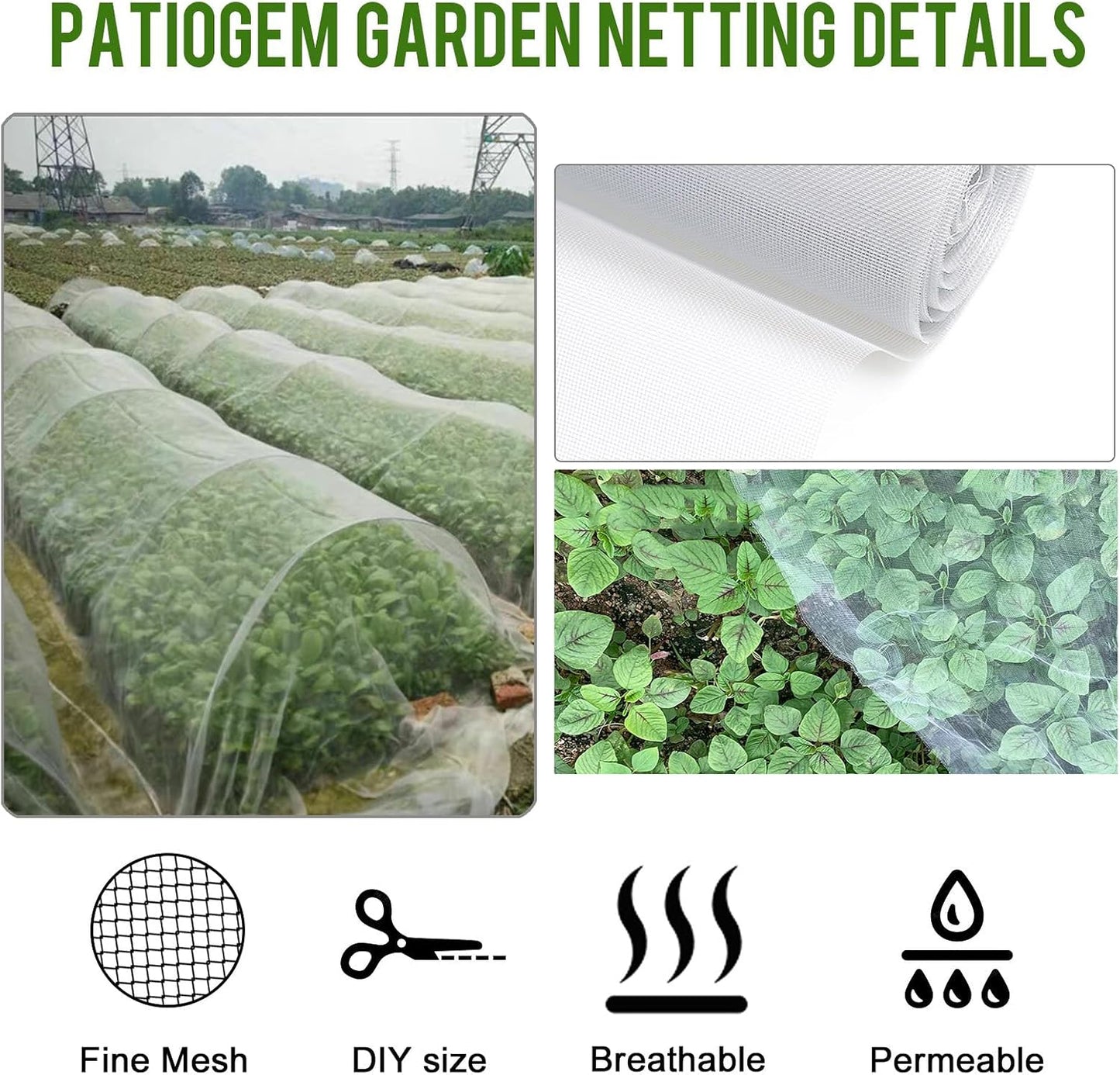 Garden Mesh Netting Kit, 10 * 33ft Ultra Fine Netting with 6pcs Garden Hoops for Raised Beds, Plants Cover Net for Vegetable Fruit, Animals Barrier Protection Greenhouse Row Cover