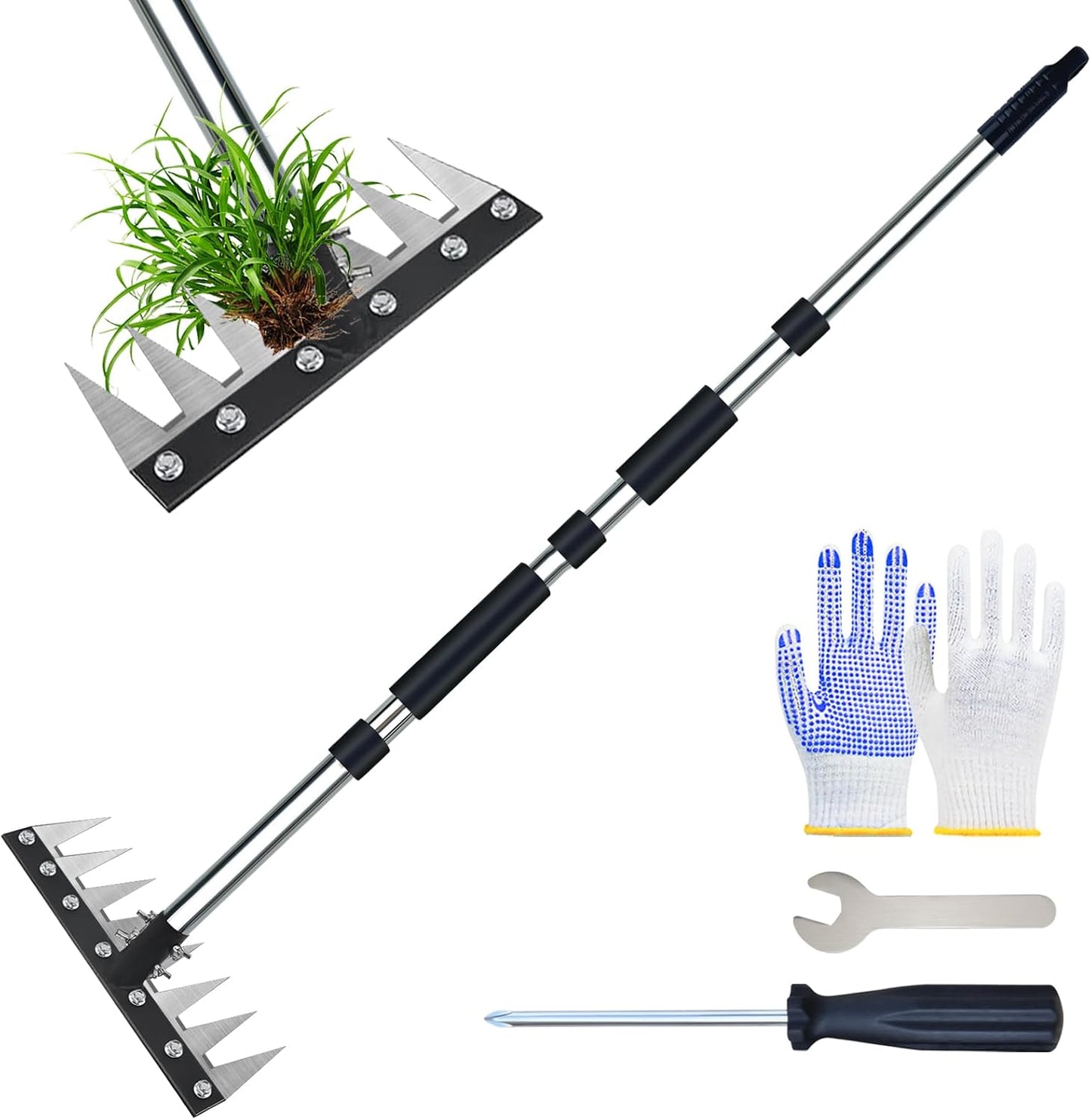 Thickened Version Stainless Steel Weeding Tool, 8 Tines Manual Weeder Rake, Garden Weed Puller Tool with Adjustable Length Handle, Weeder Rakes for Weeding Loosen The Soil and Collect Fallen