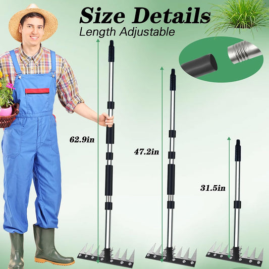 Thickened Version Stainless Steel Weeding Tool, 8 Tines Manual Weeder Rake, Garden Weed Puller Tool with Adjustable Length Handle, Weeder Rakes for Weeding Loosen The Soil and Collect Fallen
