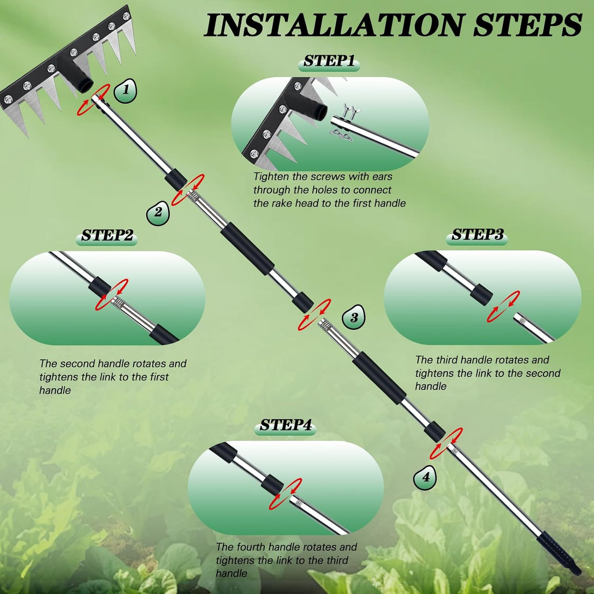 Thickened Version Stainless Steel Weeding Tool, 8 Tines Manual Weeder Rake, Garden Weed Puller Tool with Adjustable Length Handle, Weeder Rakes for Weeding Loosen The Soil and Collect Fallen