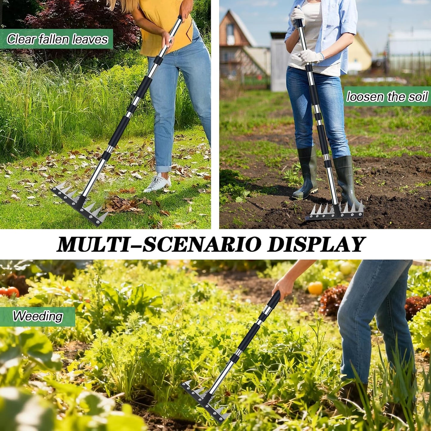 Thickened Version Stainless Steel Weeding Tool, 8 Tines Manual Weeder Rake, Garden Weed Puller Tool with Adjustable Length Handle, Weeder Rakes for Weeding Loosen The Soil and Collect Fallen