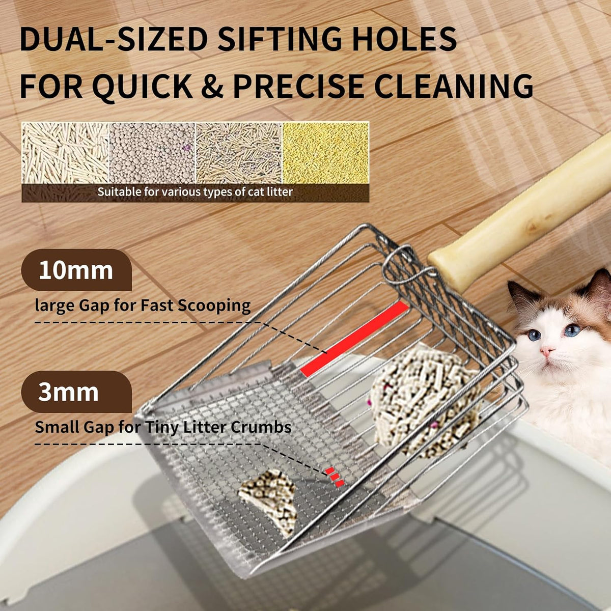 Cat Litter Scoop, Premium Kitty Shovel with Hook and Hole, Metal Sifter Scooper Stainless Steel for Easy Cleaning, Durable and Heavy Duty, Odor-Free for Litter Box (Only Scoop)