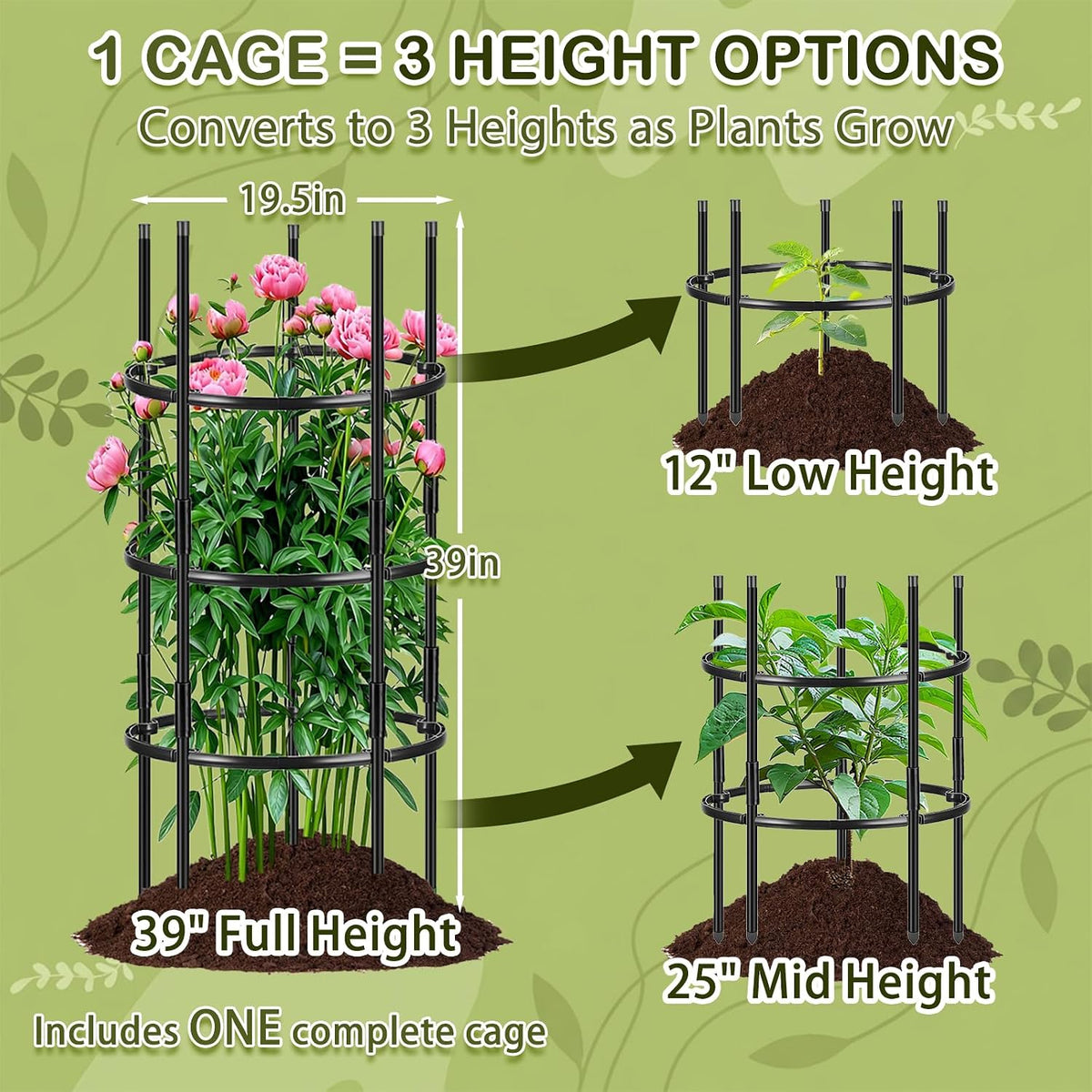 19.5" D x 39" H Peony Plant Support Cage,3-Tier Stackable