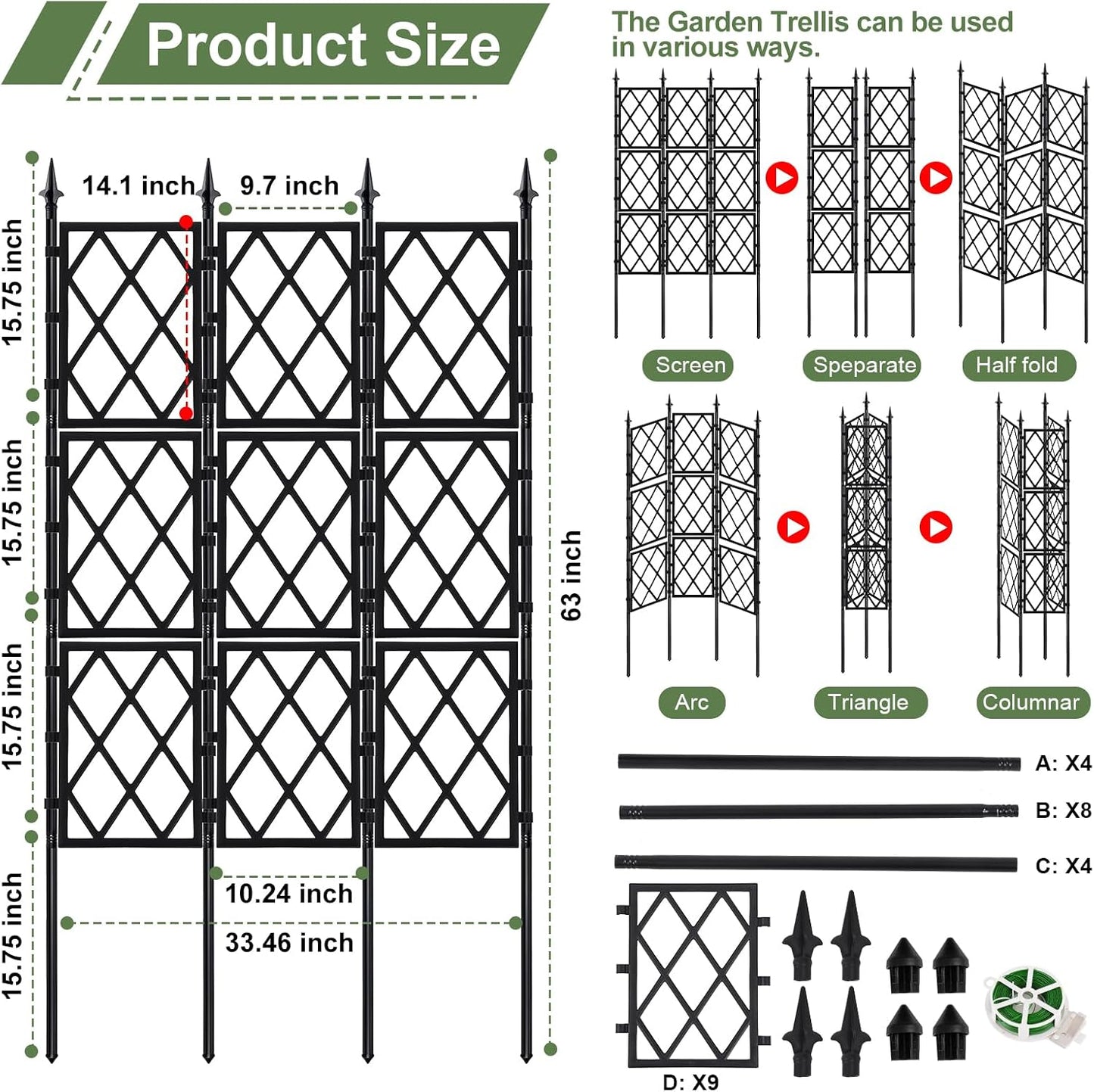 63 Inch Black Metal Pipe Garden Trellis Support Fence Frame for Climbing