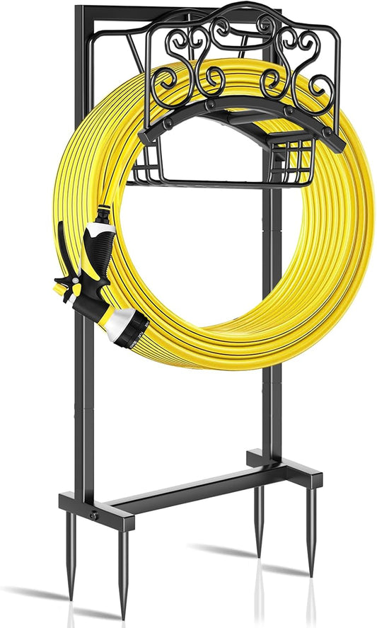 Garden Hose Holder - Upgraded Water Hose Holder Holds, Heavy Duty Metal Freestanding Hose Stand Sturdy, Detachable Garden Hoses Storage Rack for Outside Yard Lawn (Black)