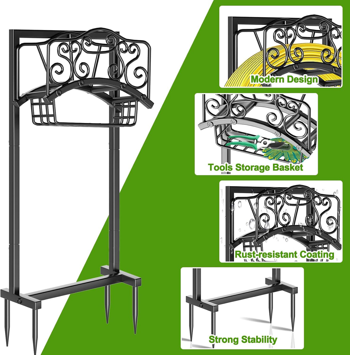 Garden Hose Holder - Upgraded Water Hose Holder Holds, Heavy Duty Metal Freestanding Hose Stand Sturdy, Detachable Garden Hoses Storage Rack for Outside Yard Lawn (Black)