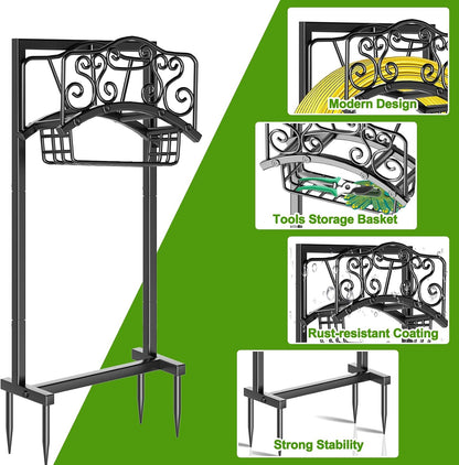 Garden Hose Holder - Upgraded Water Hose Holder Holds, Heavy Duty Metal Freestanding Hose Stand Sturdy, Detachable Garden Hoses Storage Rack for Outside Yard Lawn (Black)