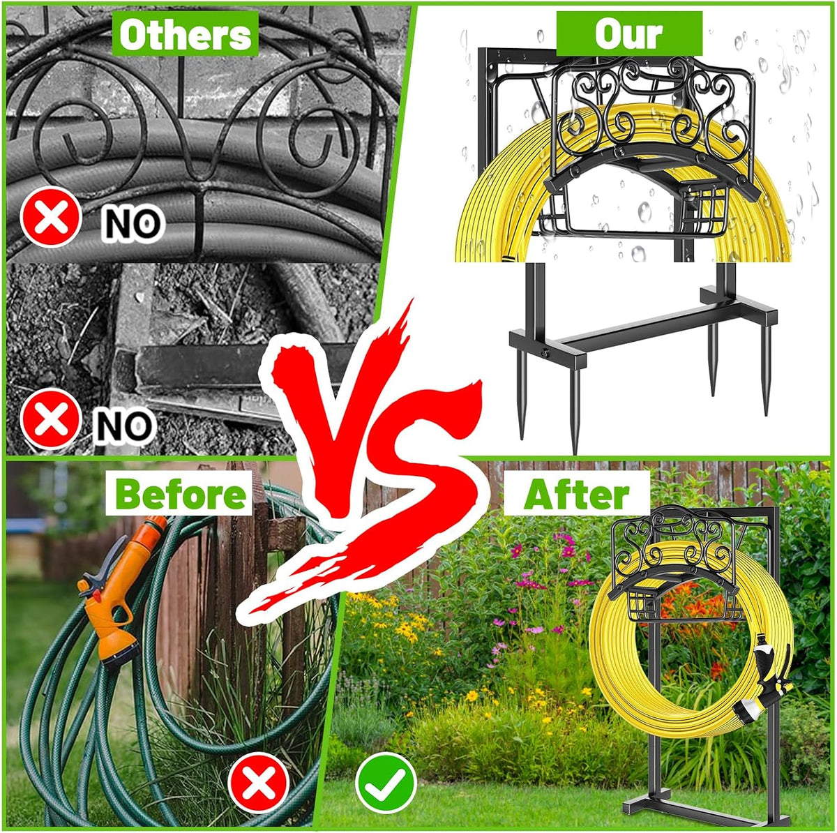 Garden Hose Holder - Upgraded Water Hose Holder Holds, Heavy Duty Metal Freestanding Hose Stand Sturdy, Detachable Garden Hoses Storage Rack for Outside Yard Lawn (Black)