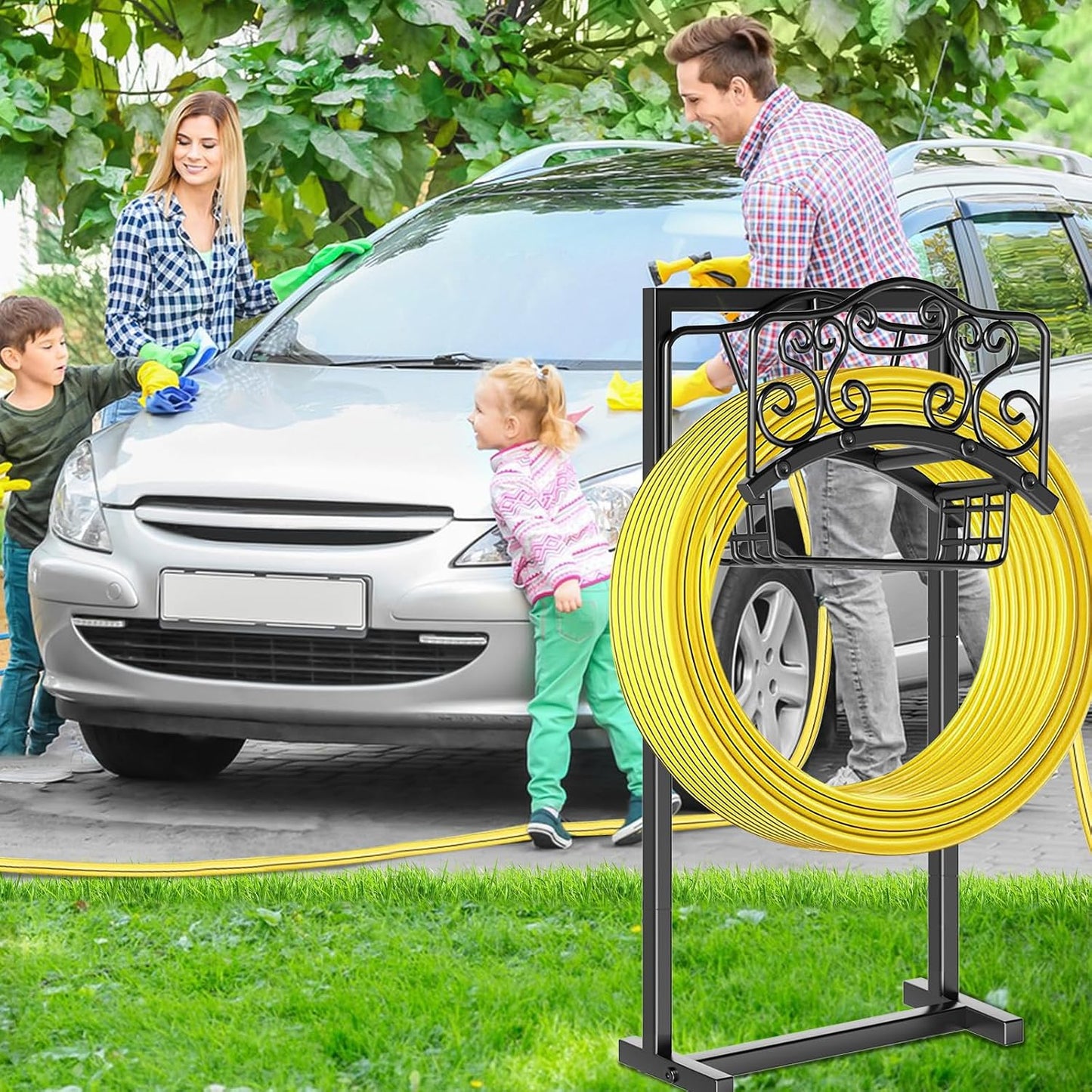 Garden Hose Holder - Upgraded Water Hose Holder Holds, Heavy Duty Metal Freestanding Hose Stand Sturdy, Detachable Garden Hoses Storage Rack for Outside Yard Lawn (Black)