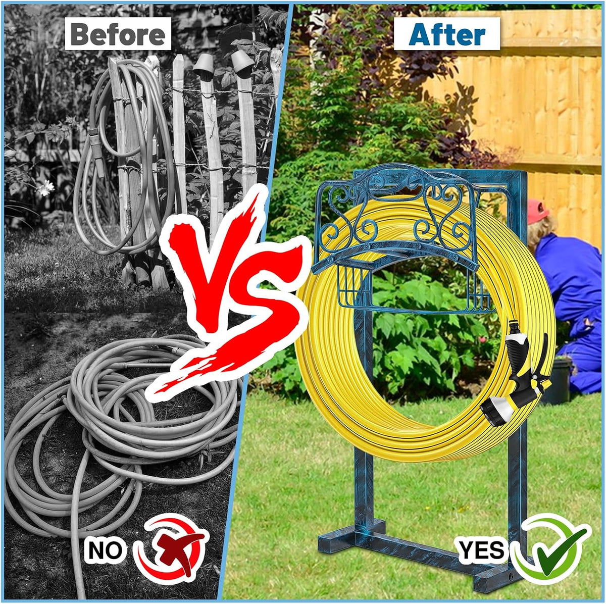 Garden Hose Holder - Upgraded Water Hose Holder Holds, Heavy Duty Metal Freestanding Hose Stand Sturdy, Detachable Garden Hoses Storage Rack for Outside Yard Lawn (Black)