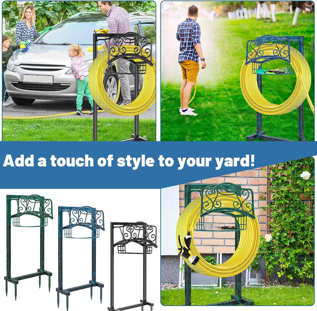 Garden Hose Holder - Upgraded Water Hose Holder Holds, Heavy Duty Metal Freestanding Hose Stand Sturdy, Detachable Garden Hoses Storage Rack for Outside Yard Lawn (Black)