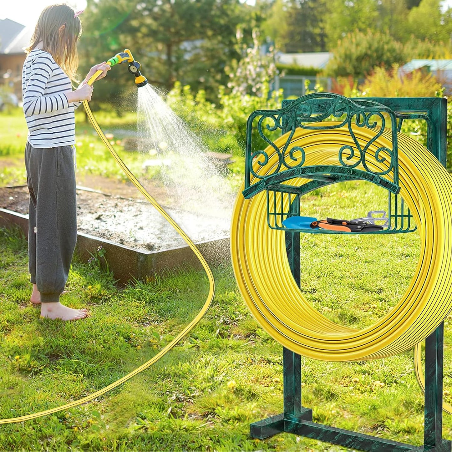 Garden Hose Holder - Upgraded Water Hose Holder Holds, Heavy Duty Metal Freestanding Hose Stand Sturdy, Detachable Garden Hoses Storage Rack for Outside Yard Lawn (Black)