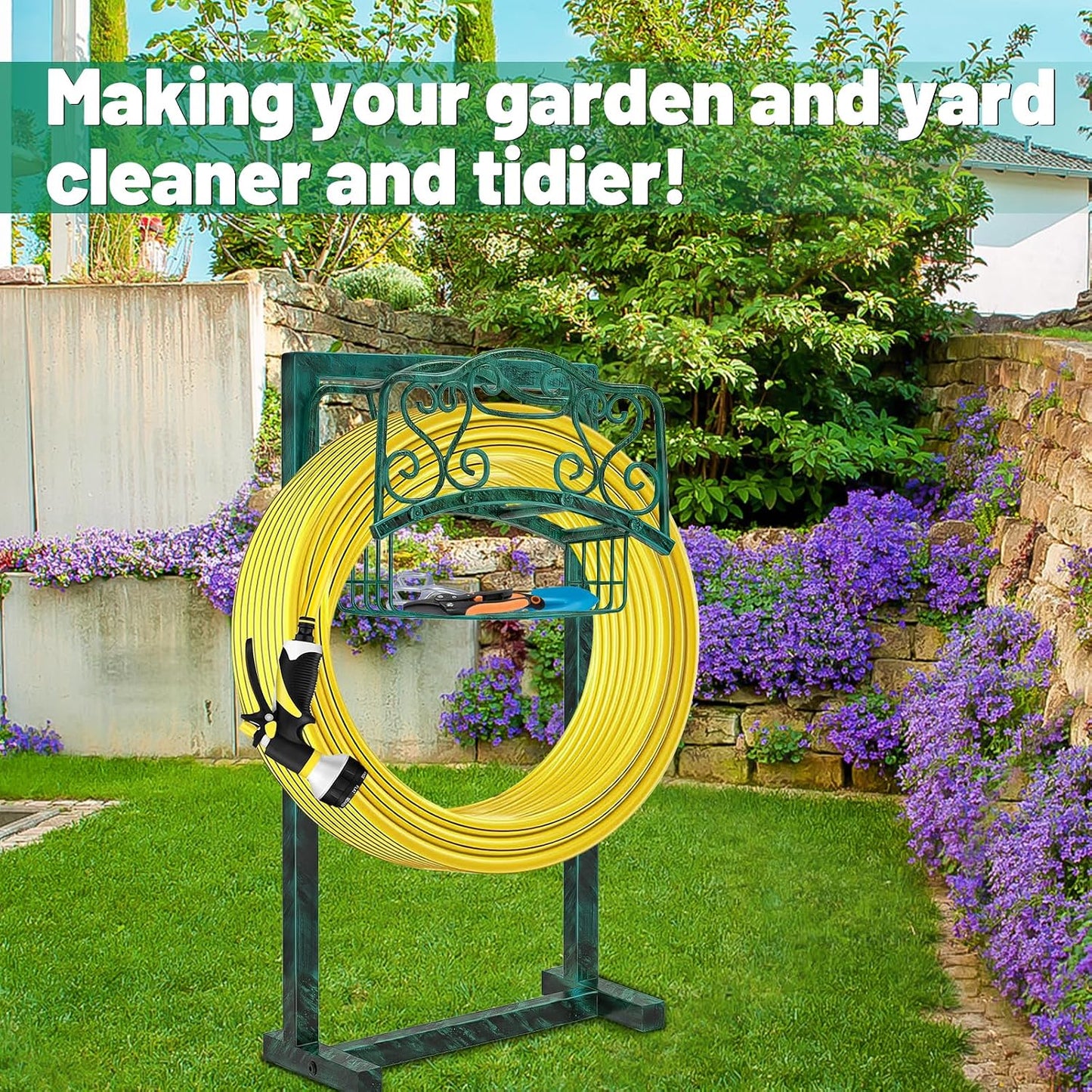 Garden Hose Holder - Upgraded Water Hose Holder Holds, Heavy Duty Metal Freestanding Hose Stand Sturdy, Detachable Garden Hoses Storage Rack for Outside Yard Lawn (Black)
