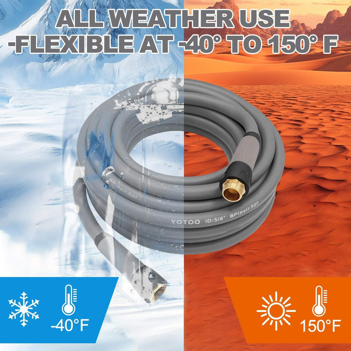 Heavy Duty Hybrid Garden Lead in Water Hose 5/8-Inch by 5-Feet 150 PSI, Kink Resistant, All-Weather Flexible with Swivel Grip Handle and 3/4" GHT Solid Brass Fittings, Gray
