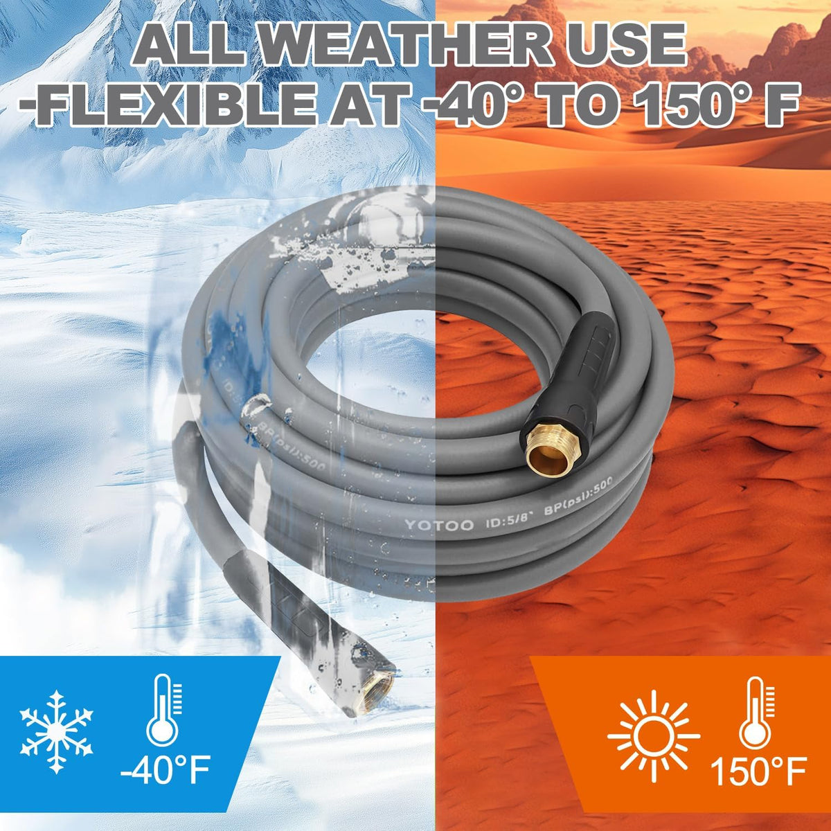 Heavy Duty Hybrid Garden Lead in Water Hose 5/8-Inch by 5-Feet 150 PSI, Kink Resistant, All-Weather Flexible with Swivel Grip Handle and 3/4" GHT Solid Brass Fittings, Gray