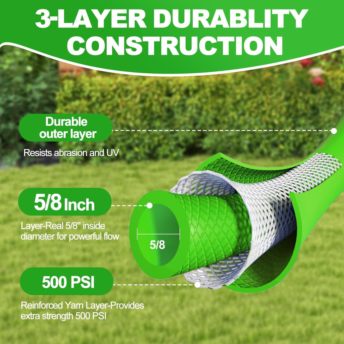 Heavy Duty Hybrid Garden Lead in Water Hose 5/8-Inch by 5-Feet 150 PSI, Kink Resistant, All-Weather Flexible with Swivel Grip Handle and 3/4" GHT Solid Brass Fittings, Gray