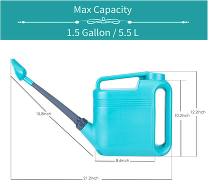 1.5 Gallon Watering Can for Outdoor & Indoor Plants, Large Garden Watering Pot with Lightweight and 5.5L Capacity, Plastic Watering Can with Long Spout and Metal Removable Sprinkler Head - Aquamarine