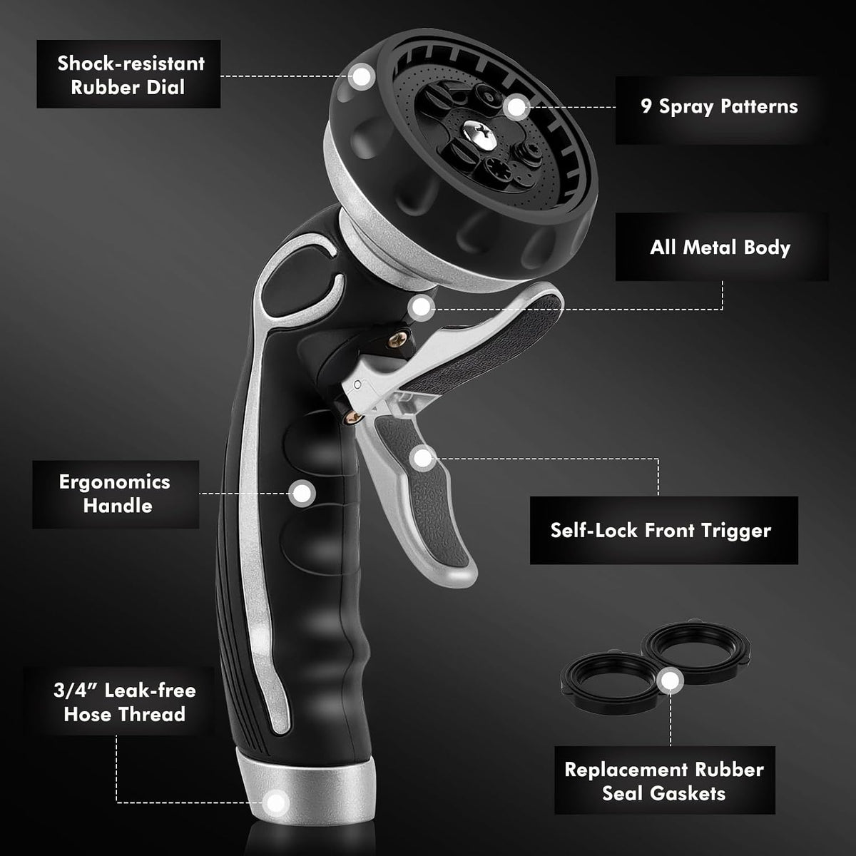 Hose Nozzle with Easy Self-Lock Trigger, Heavy Duty Water Sprayer