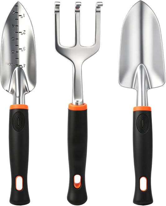3-in-1 Garden Tool Set, Heavy Duty Gardening Hand Tools with Hand Trowel, Transplant Trowel & Hand Rake, Aluminum Alloy Garden Kit with Ergonomic Non-Slip Handle for Digging Planting Weeding