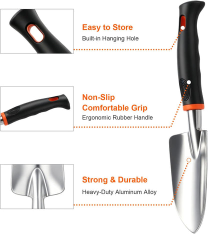 3-in-1 Garden Tool Set, Heavy Duty Gardening Hand Tools with Hand Trowel, Transplant Trowel & Hand Rake, Aluminum Alloy Garden Kit with Ergonomic Non-Slip Handle for Digging Planting Weeding