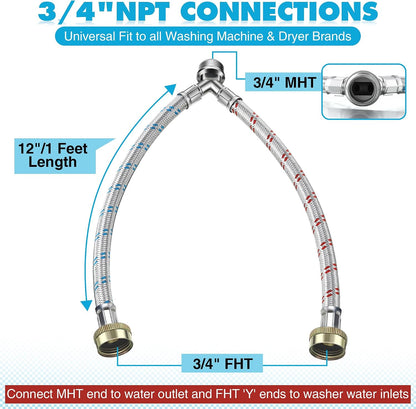 Hose Y Connector, 1 Ft Washing Machine Y Hose Split Stainless Steel, 3/4 Inch Brass Fittings, Hot and Cold Color Coded for Washing Machine Outdoor Faucets(1 Pcs)