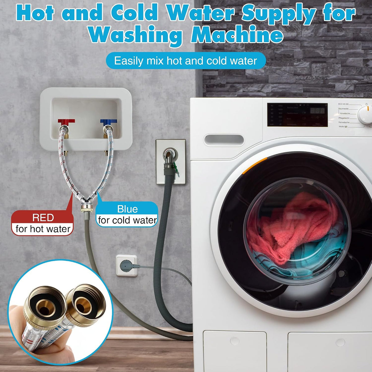 Hose Y Connector, 1 Ft Washing Machine Y Hose Split Stainless Steel, 3/4 Inch Brass Fittings, Hot and Cold Color Coded for Washing Machine Outdoor Faucets(1 Pcs)