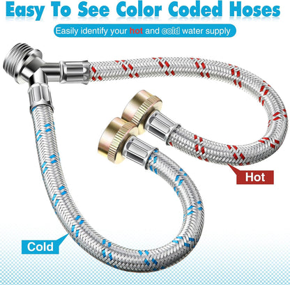 Hose Y Connector, 1 Ft Washing Machine Y Hose Split Stainless Steel, 3/4 Inch Brass Fittings, Hot and Cold Color Coded for Washing Machine Outdoor Faucets(1 Pcs)