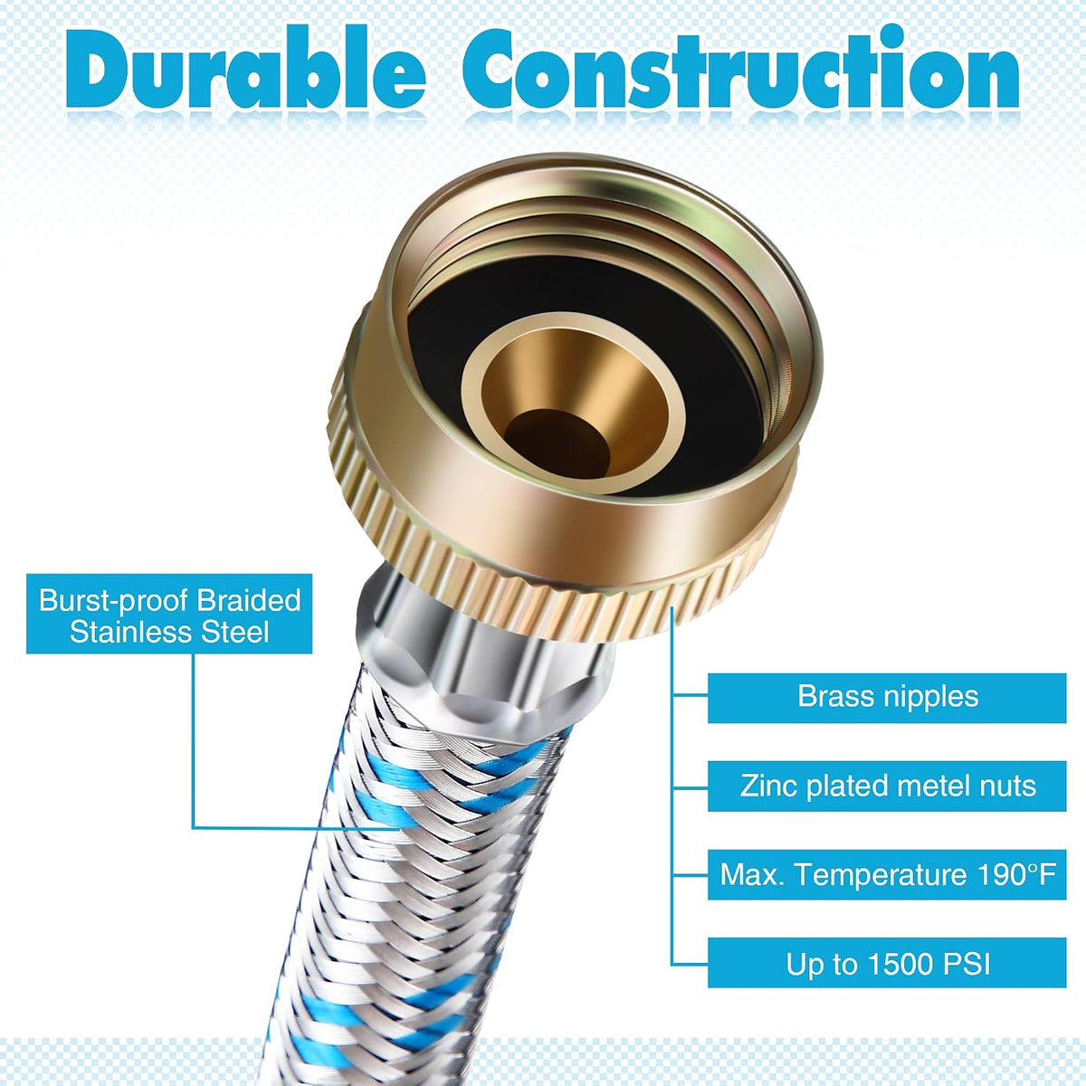Hose Y Connector, 1 Ft Washing Machine Y Hose Split Stainless Steel, 3/4 Inch Brass Fittings, Hot and Cold Color Coded for Washing Machine Outdoor Faucets(1 Pcs)