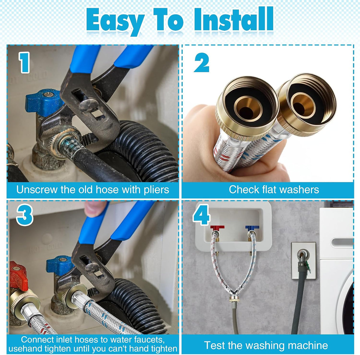 Hose Y Connector, 1 Ft Washing Machine Y Hose Split Stainless Steel, 3/4 Inch Brass Fittings, Hot and Cold Color Coded for Washing Machine Outdoor Faucets(1 Pcs)