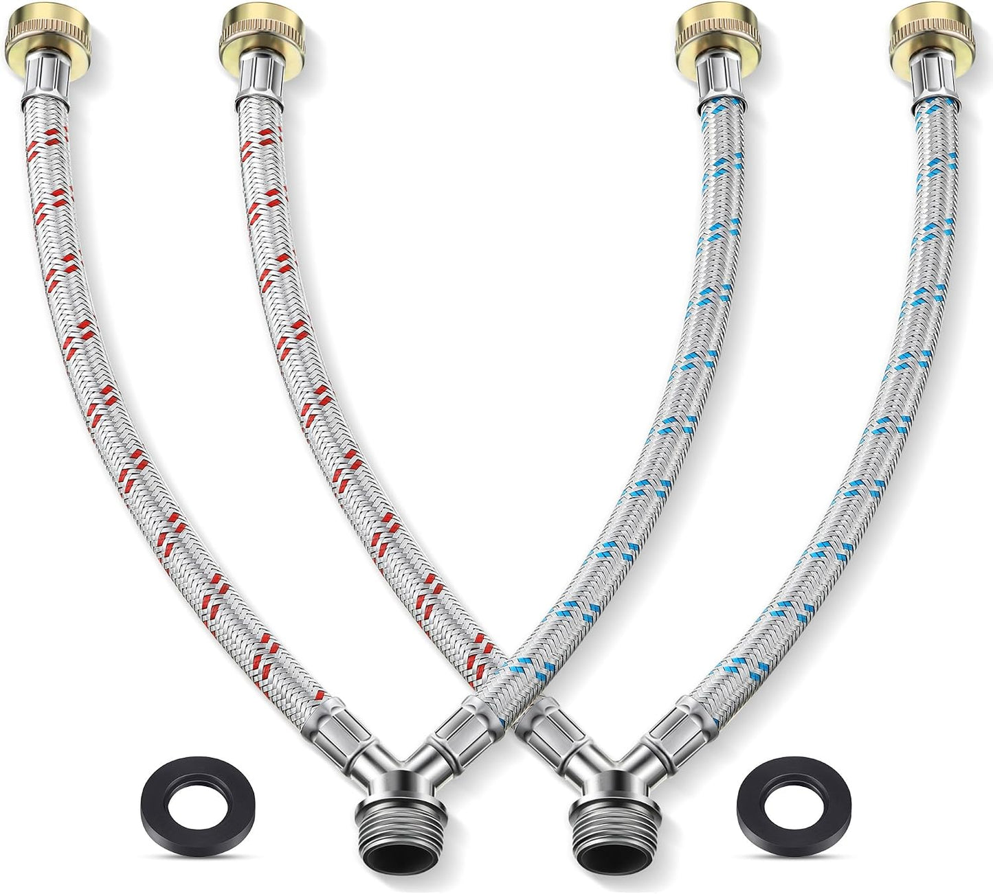 Hose Y Connector, 1 Ft Washing Machine Y Hose Split Stainless Steel, 3/4 Inch Brass Fittings, Hot and Cold Color Coded for Washing Machine Outdoor Faucets(1 Pcs)