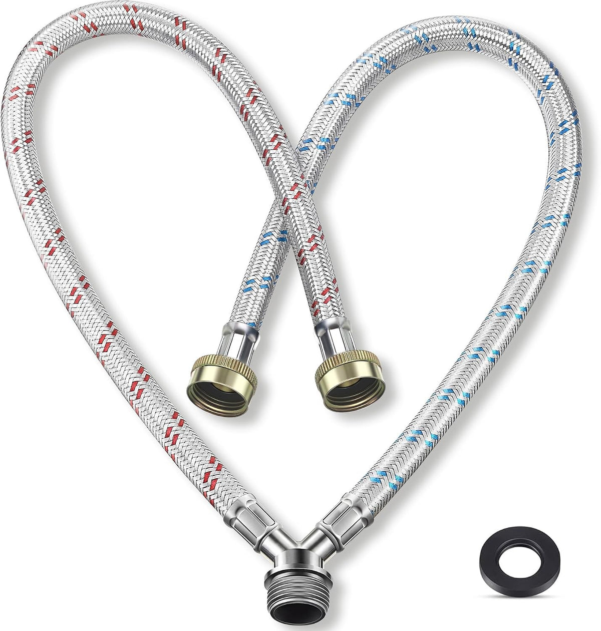 Hose Y Connector, 1 Ft Washing Machine Y Hose Split Stainless Steel, 3/4 Inch Brass Fittings, Hot and Cold Color Coded for Washing Machine Outdoor Faucets(1 Pcs)