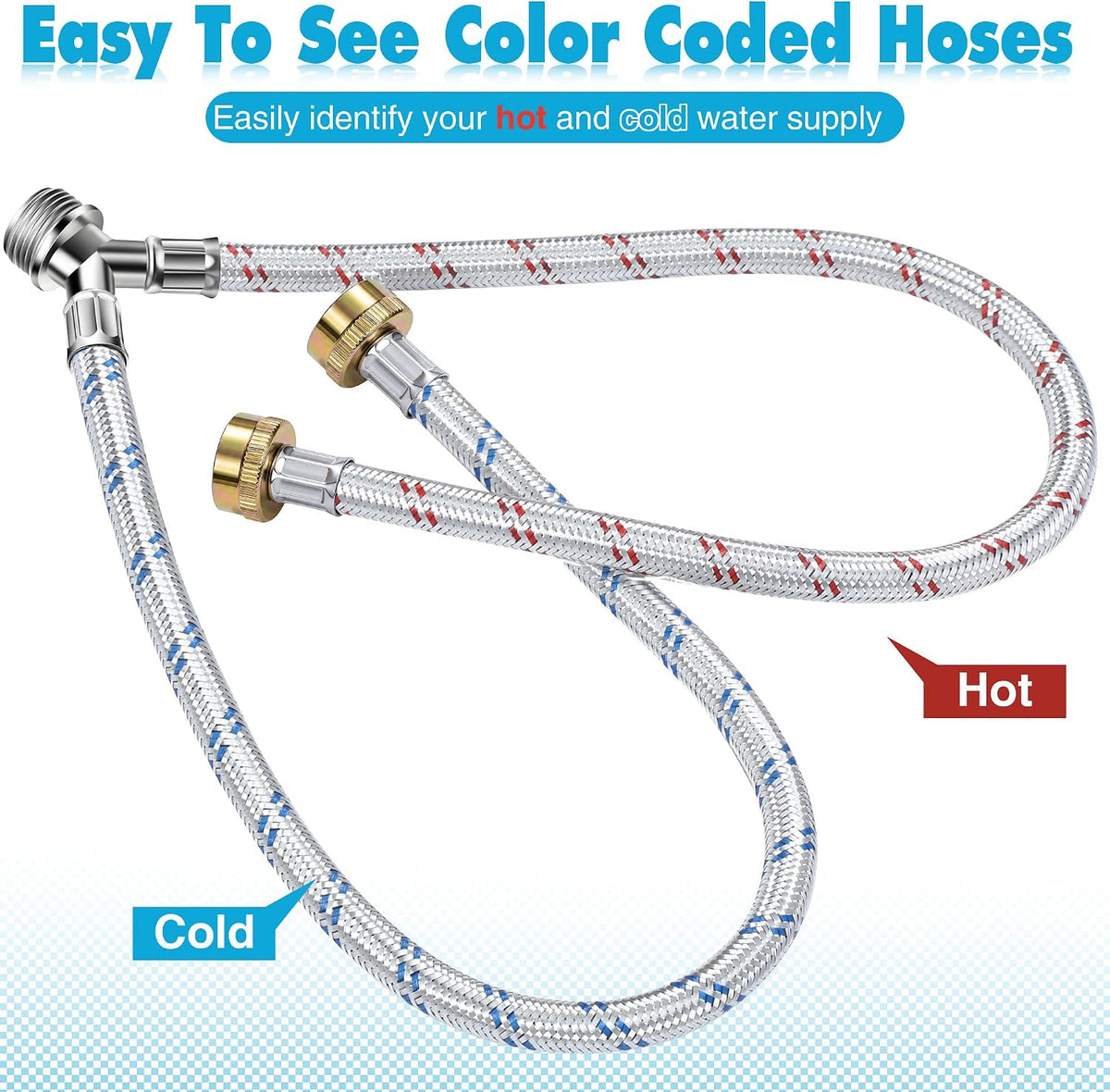 Hose Y Connector, 1 Ft Washing Machine Y Hose Split Stainless Steel, 3/4 Inch Brass Fittings, Hot and Cold Color Coded for Washing Machine Outdoor Faucets(1 Pcs)