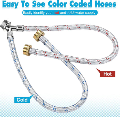 Hose Y Connector, 1 Ft Washing Machine Y Hose Split Stainless Steel, 3/4 Inch Brass Fittings, Hot and Cold Color Coded for Washing Machine Outdoor Faucets(1 Pcs)